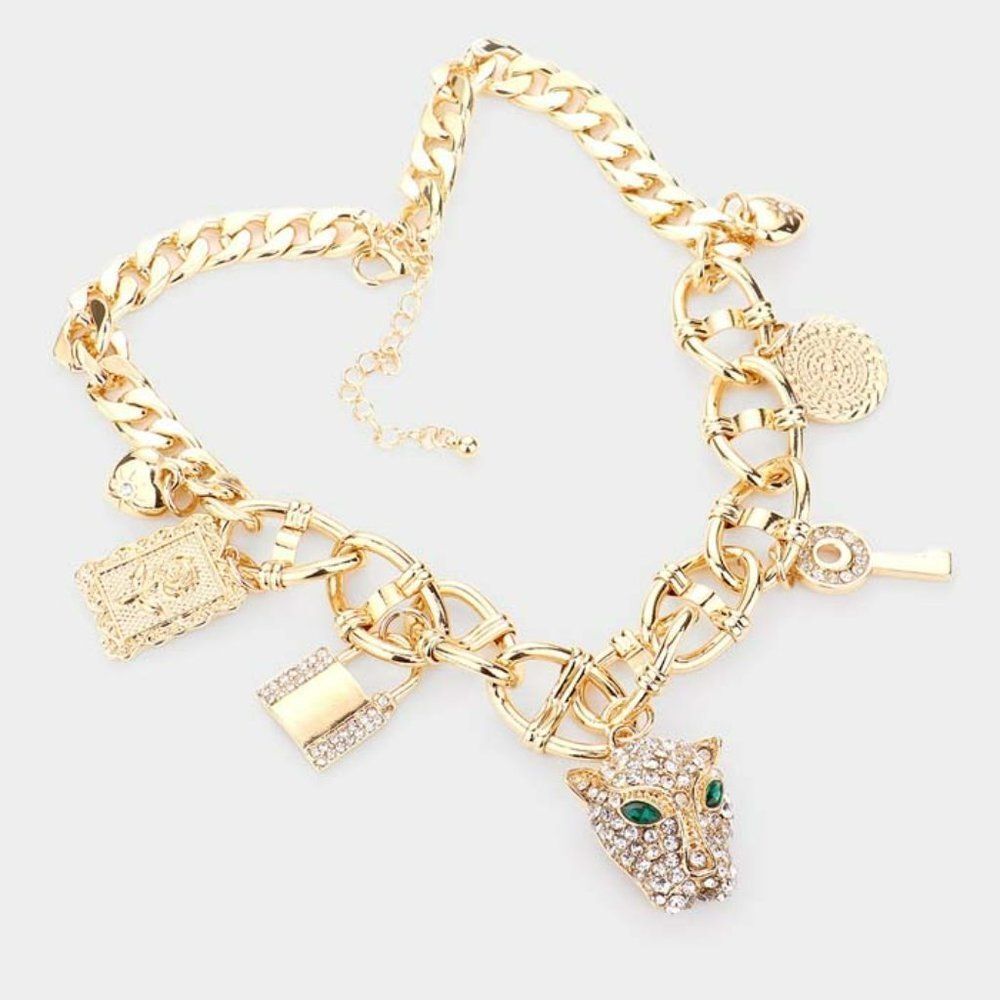 Leopard Rhinestone Heart Key Lock Flower Gold Station Necklace Set NWT - Picture 2 of 7